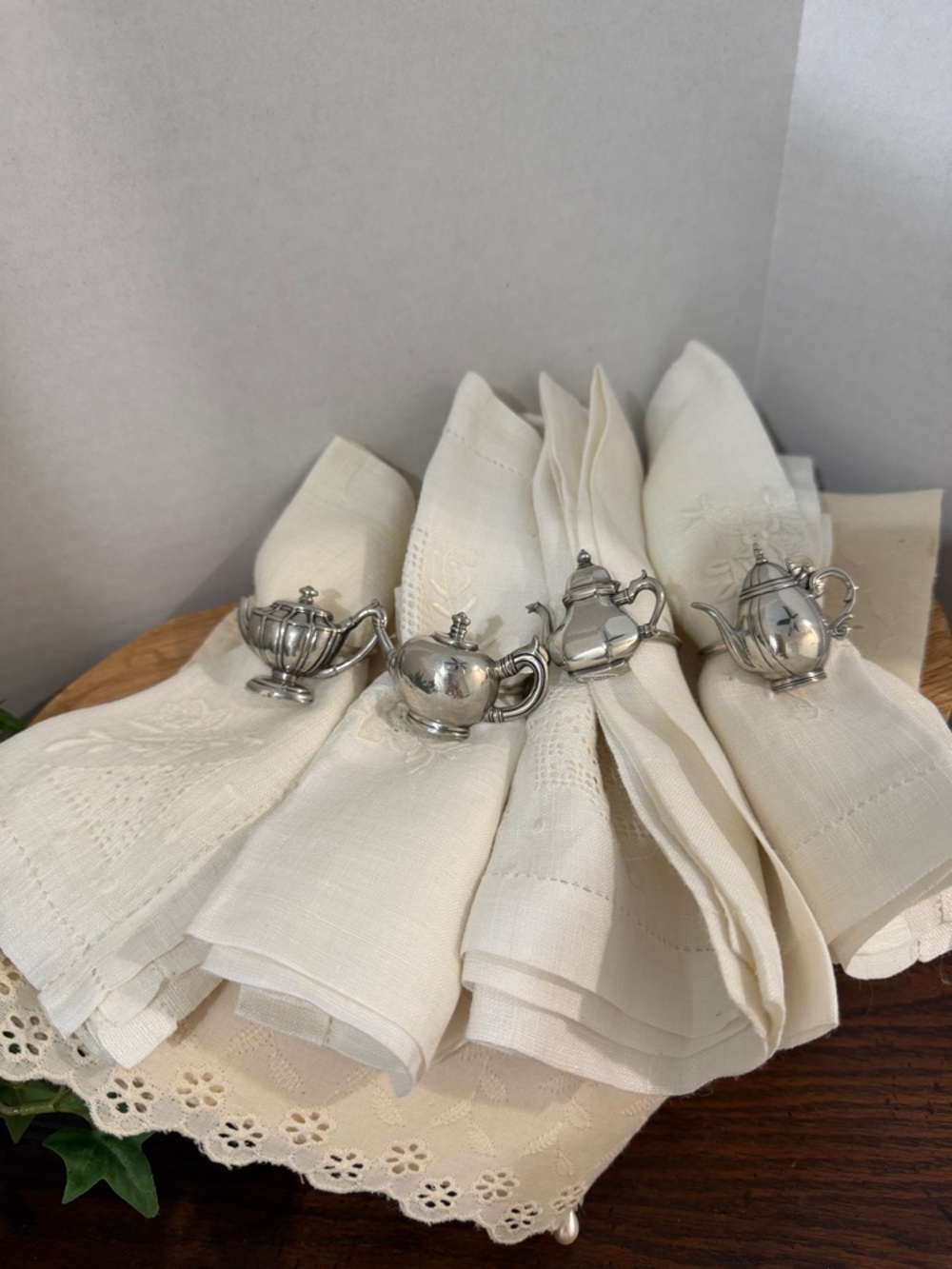 Vintage Pewter Teapot Napkin Rings Set of 4 Tea Party Table Decor